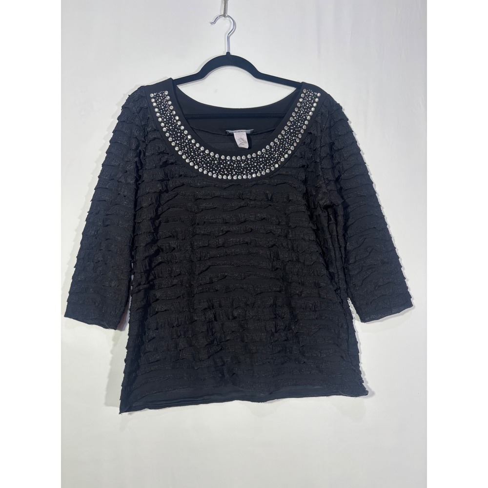 Party Glam Janeric Ruffle Studded Scoop Neck Blouse Women PXL Black 9-E432